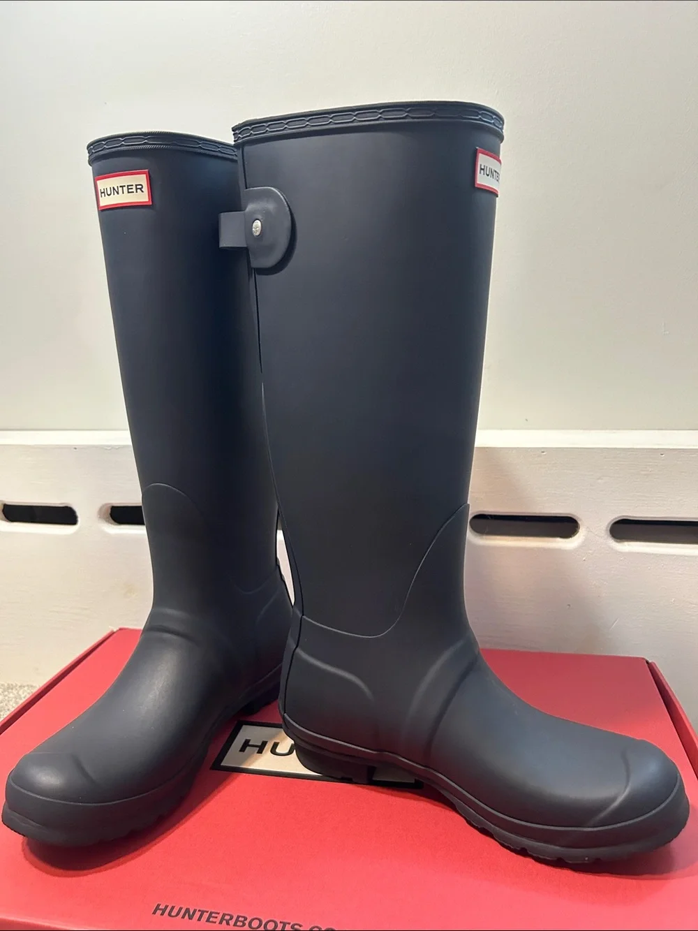 Women’s Tall Hunter Boots with Adjustable Back in matte Navy